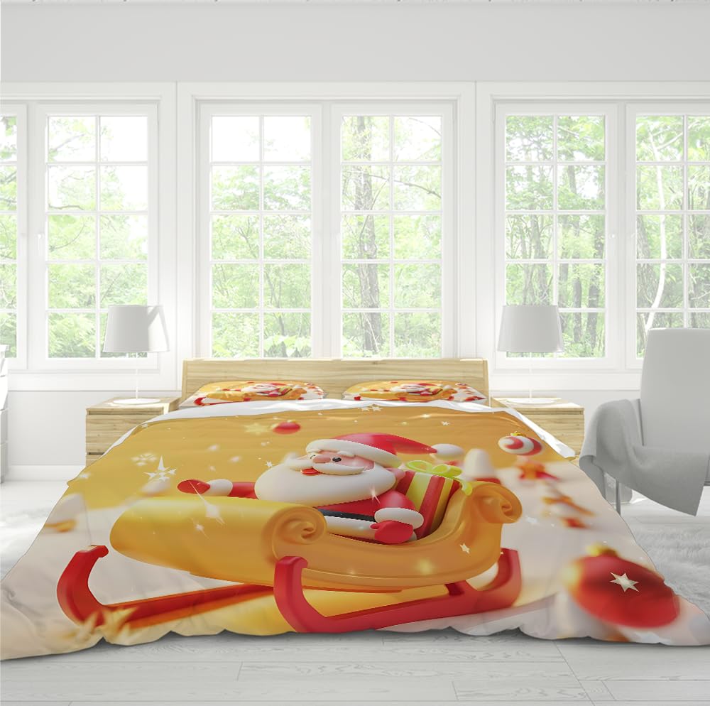 Funda edredón Navidad Santa Claus Pattern Soft Bedding Set Cartoon Theme Yellow Comforter Cover with Zipper para decoración Dormitorio guardería 160x200cm