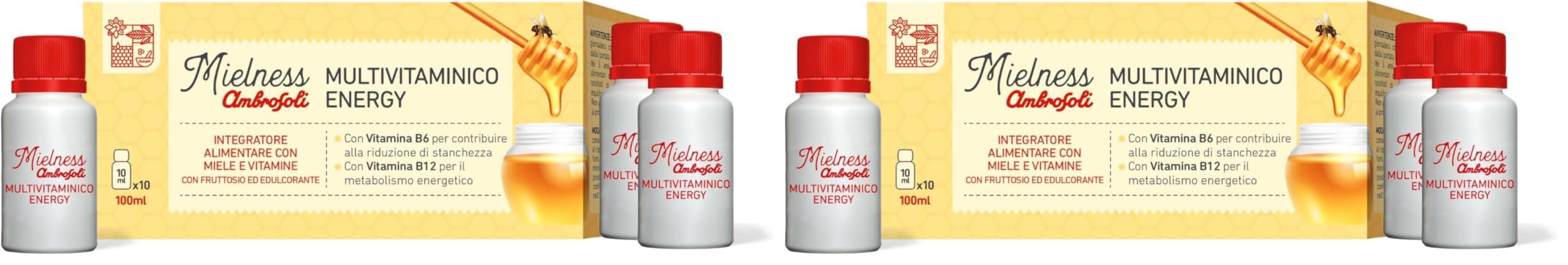 Ambrosoli Multivitaminico Energy con Miele – Integratore Stanchezza e Affaticamento – Vitamine B6 B12 – Metabolismo Energetico – 10 Flaconcini 10ml (Confezione da 2)