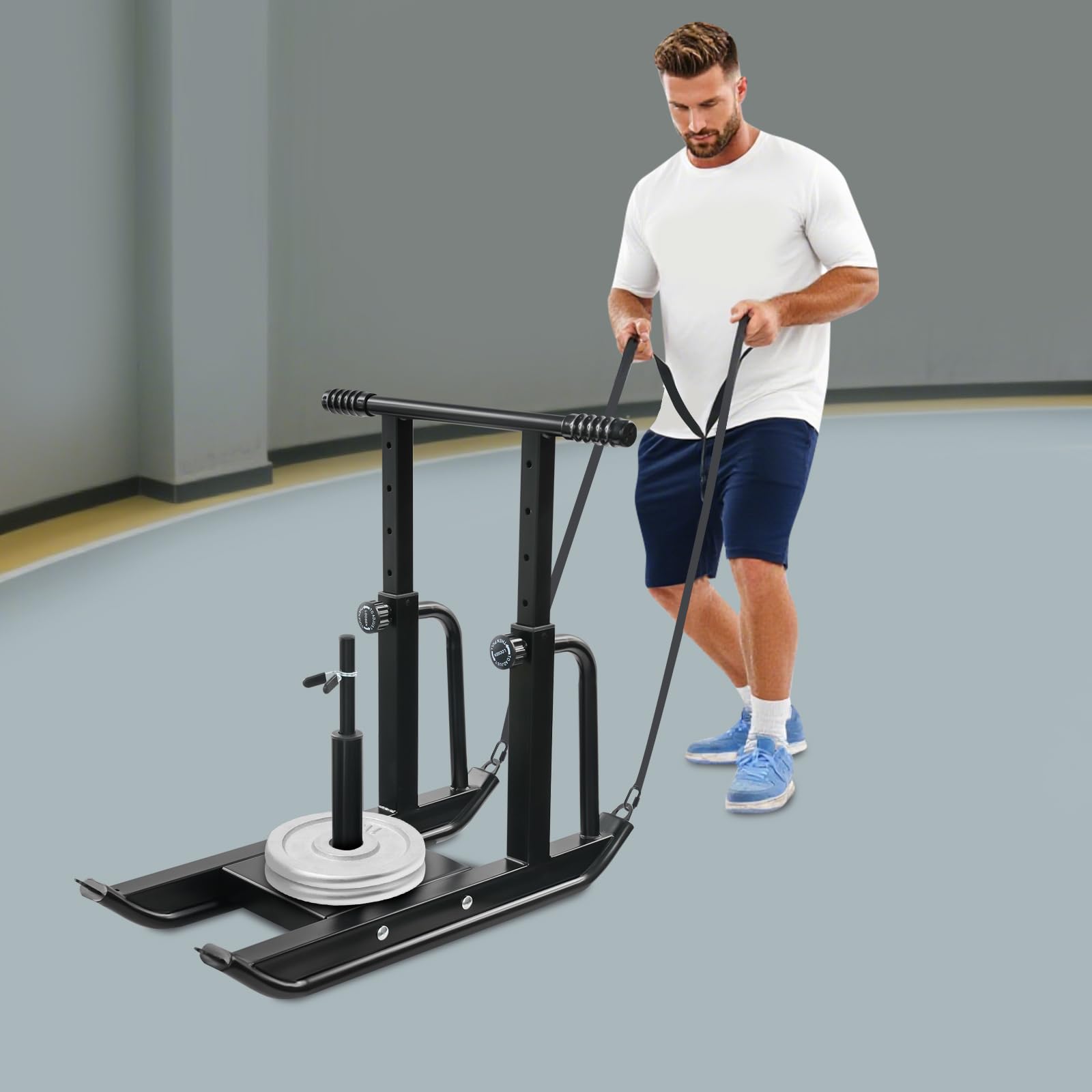 Trineo de fitness ajustable de acero con 5 niveles de altura, soporta hasta 200 kg, para entrenamiento de fuerza y velocidad, trineo de empuje y tracción con correas para el hombro