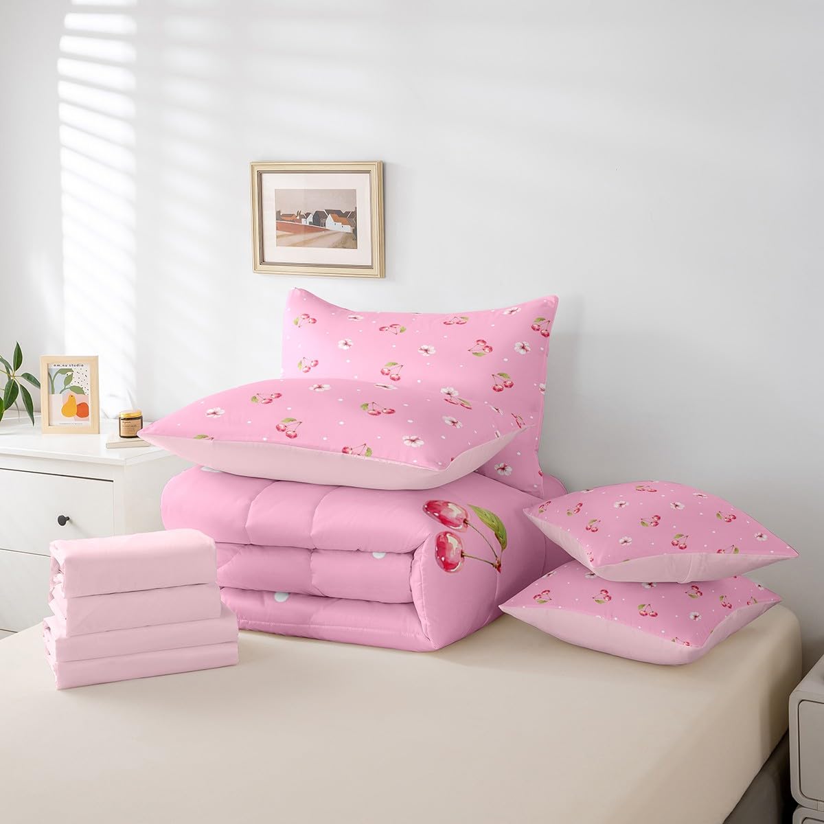 Feelyou Kids Twin Size Cherry Bed In A Bag - 7 Piece Bedding Set With Comforter, Sheets & Pillowcases