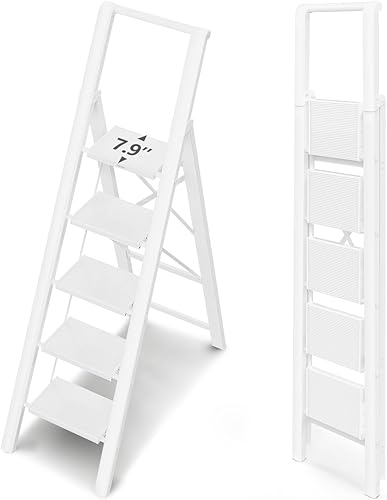Miniatura 9 de WOA WOA Escalera de 4 escalones para techo de 10 pies de alto, escalera plegable ligera con pedales anchos antideslizantes, taburete con barandilla