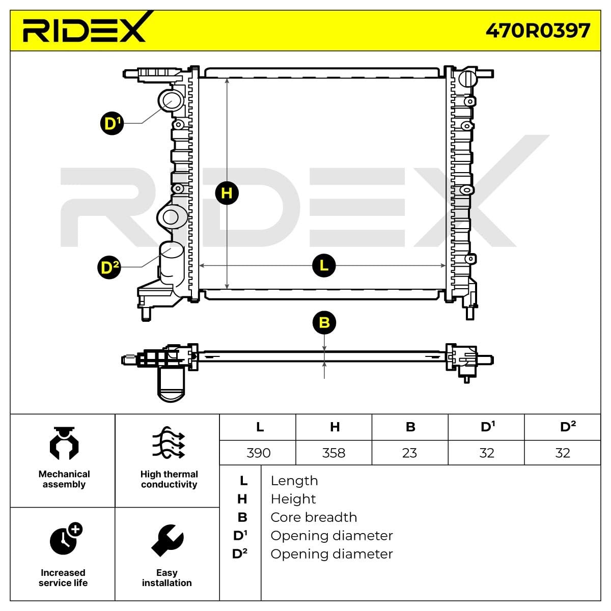 RIDEX 470R0397 Radiateur du moteur Compatible avec RENAULT Clio 1 3/5 portes B/C57, 5/357