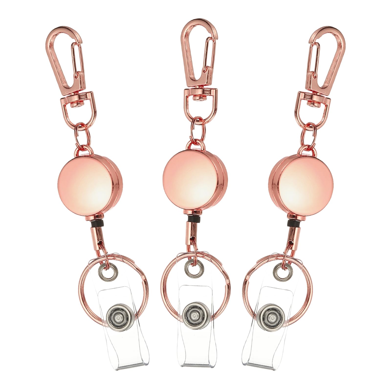 PATIKIL 3Pack Retractable Keychain, Metal Badge Reels Retractable Badge Holder Clips with Key Rings for Name Card Key Conferences Office, Rose Gold(Round)