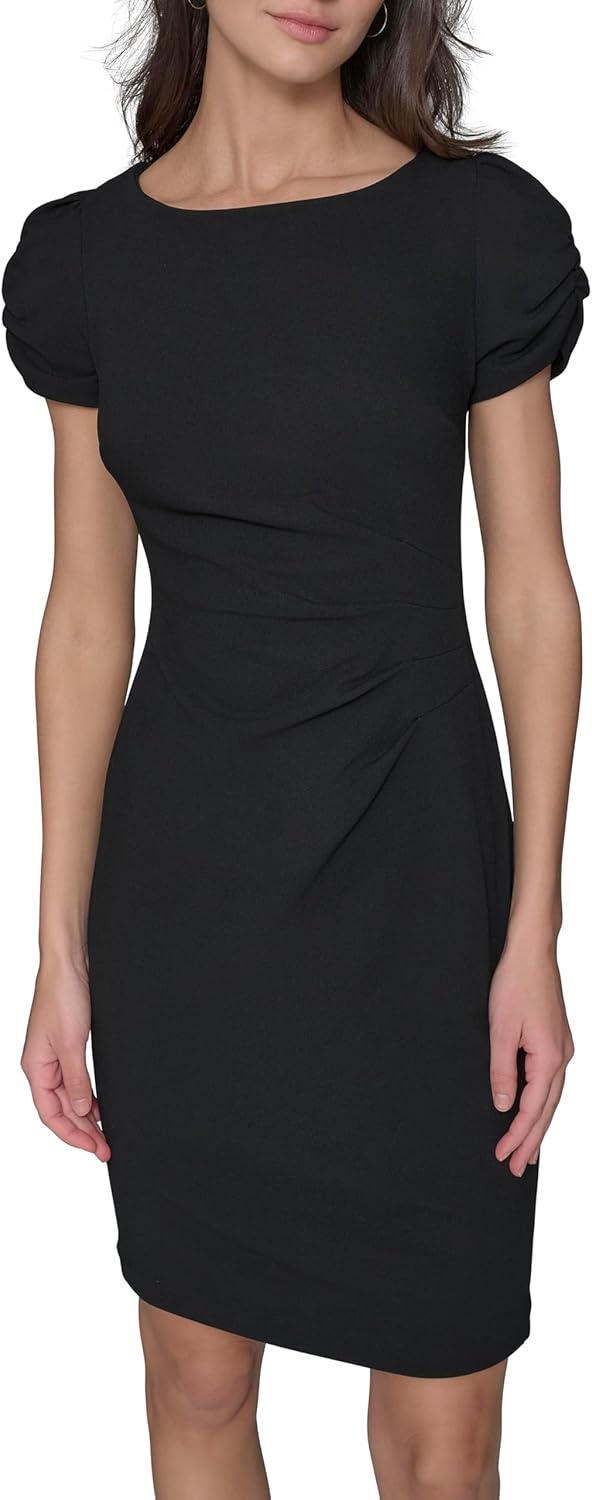 Karl Lagerfeld Womens Short Ruched Sleeve Jewel Neck Sheath Mini Dress