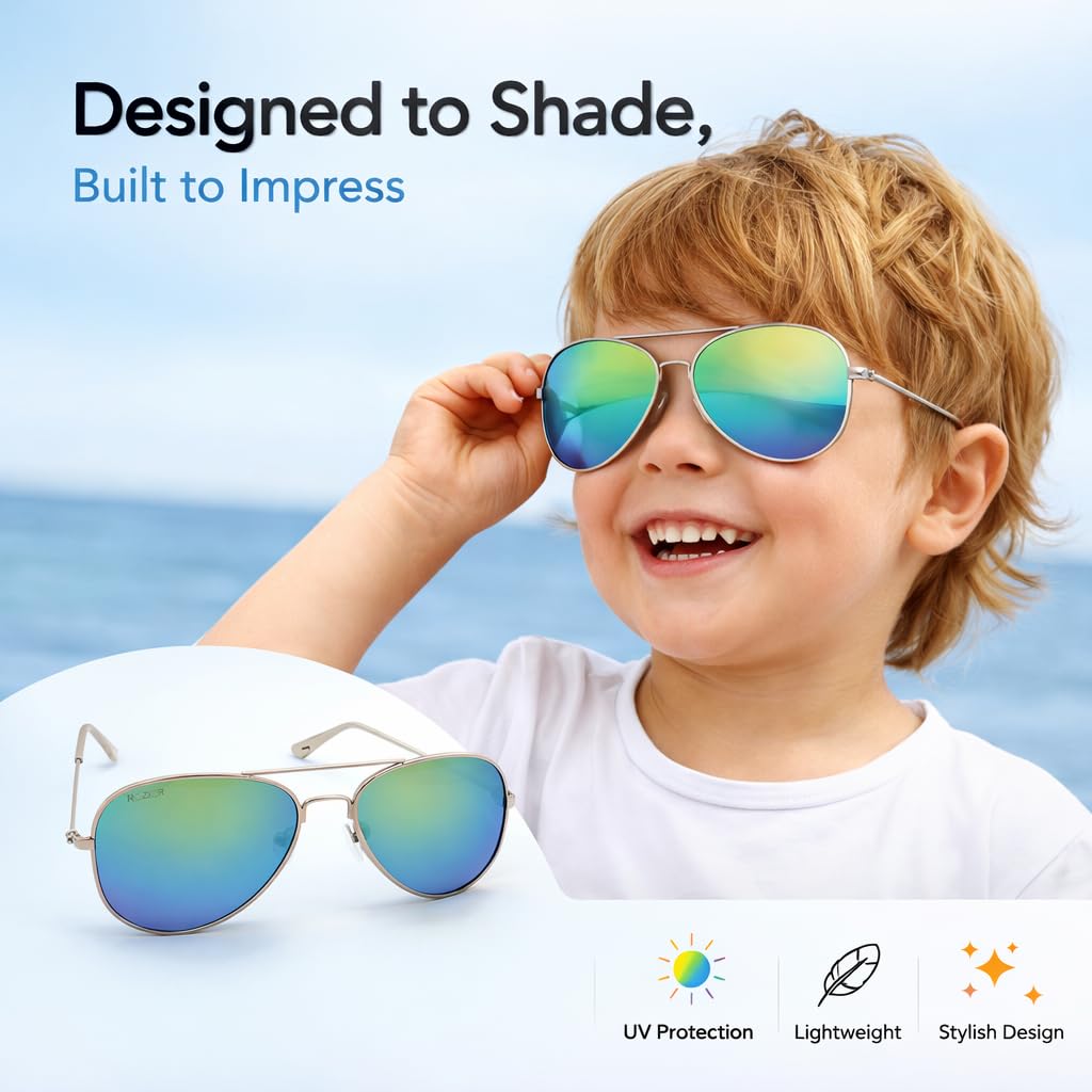 ROZIOR Kids Aviator Sunglasses for Boys & Girls (Age 4–12 Years) | UV400 Protection | Mirrored Blue-Green Lens | Lightweight Metal Frame | Stylish Outdoor, Travel & Daily Wear 4
