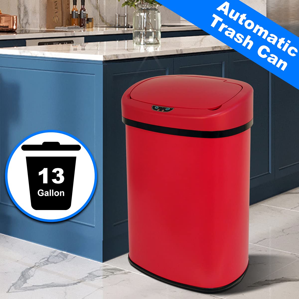 13 Gallon Automatic Trash Can Kitchen Garbage Can with Lid Automatic Touchless Infrared Motion Sensor Stainless Steel Trash Can for Kitchen Home Office Living Room Bedroom (Red)