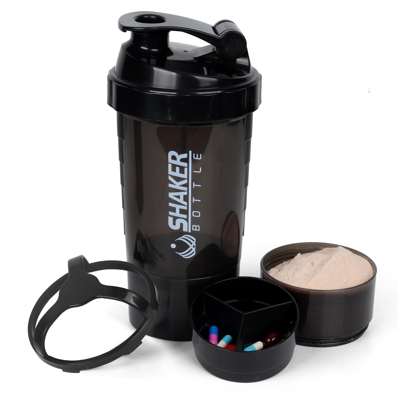 XTK Shaker Bottle 16OZ Protein Shaker Bottles with Mix Ball Sports Water Bottle Leak Proof GYM Cup for Protein Mixes with Powder Storage & Pill Organizer, Ideal for Pre Workout,BPA Free(black)