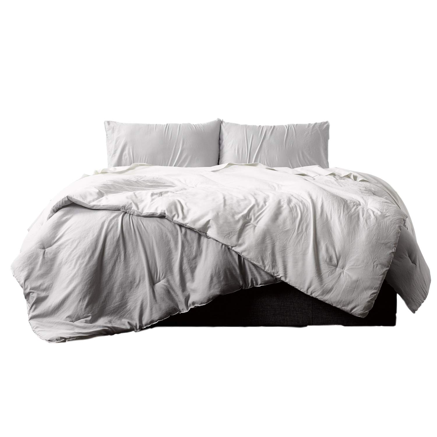 Ella Jayne Reversible Brushed Microfiber Plush Down-Alternative Comforter (90"x90") + 2 Shams (20"x26") Bedroom Set - White/Silver - Full/Queen