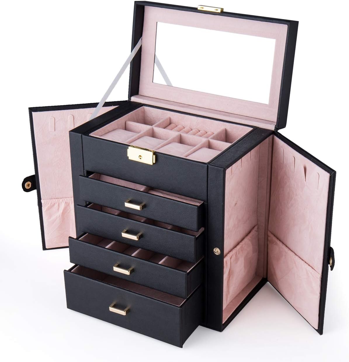 Synthetic Leather Huge Jewelry Box Mirrored Watch Organizer Necklace Ring Earring Storage Lockable Gift Case Black Vintage Jewelry Organizer Jewelry Boxes Delicate Gifts for Women MITPATY
