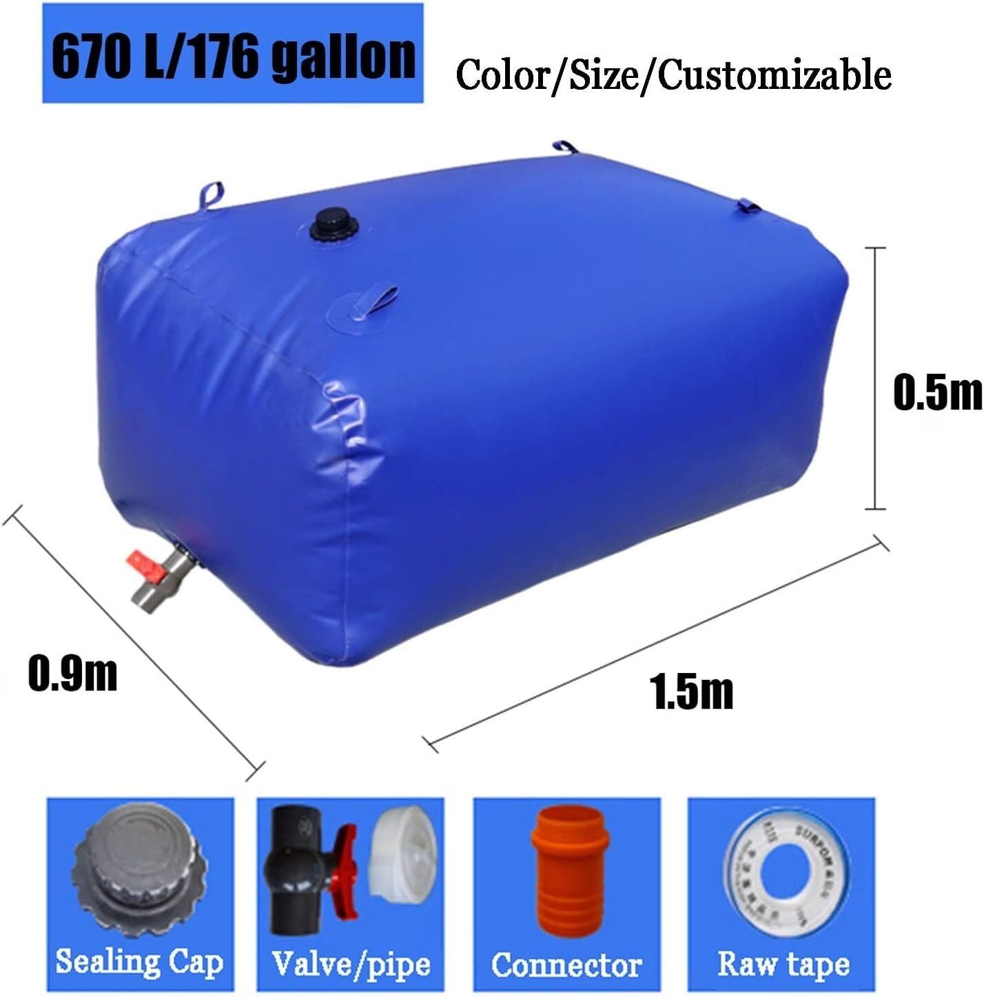 Bolsa de Almacenamiento de Agua, depósito portátil de líquidos, depósito de Agua de Emergencia para Acampada al Aire Libre (1,5 * 0,9 * 0,5 m / 600 litros)