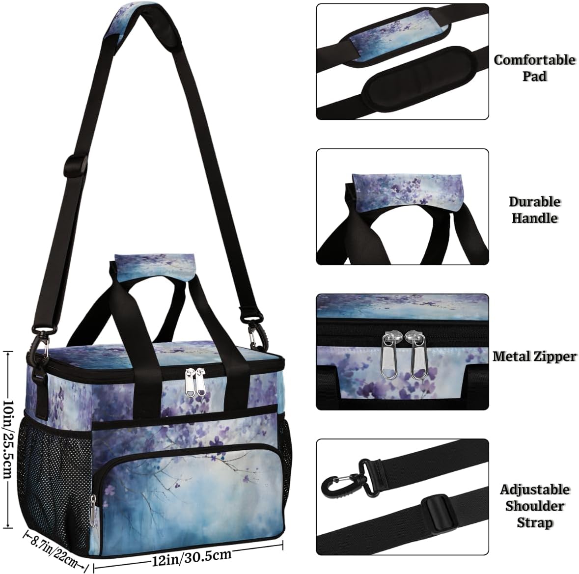 Floral Purple Insulated Picnic Backpack Lunch Box for Women Men Picnic Basket Tote Lunch Bag Picnic Bag Portable Lunch Bags for Picnic, Beach, Work, Trip,Office, Camp Romantic Flower