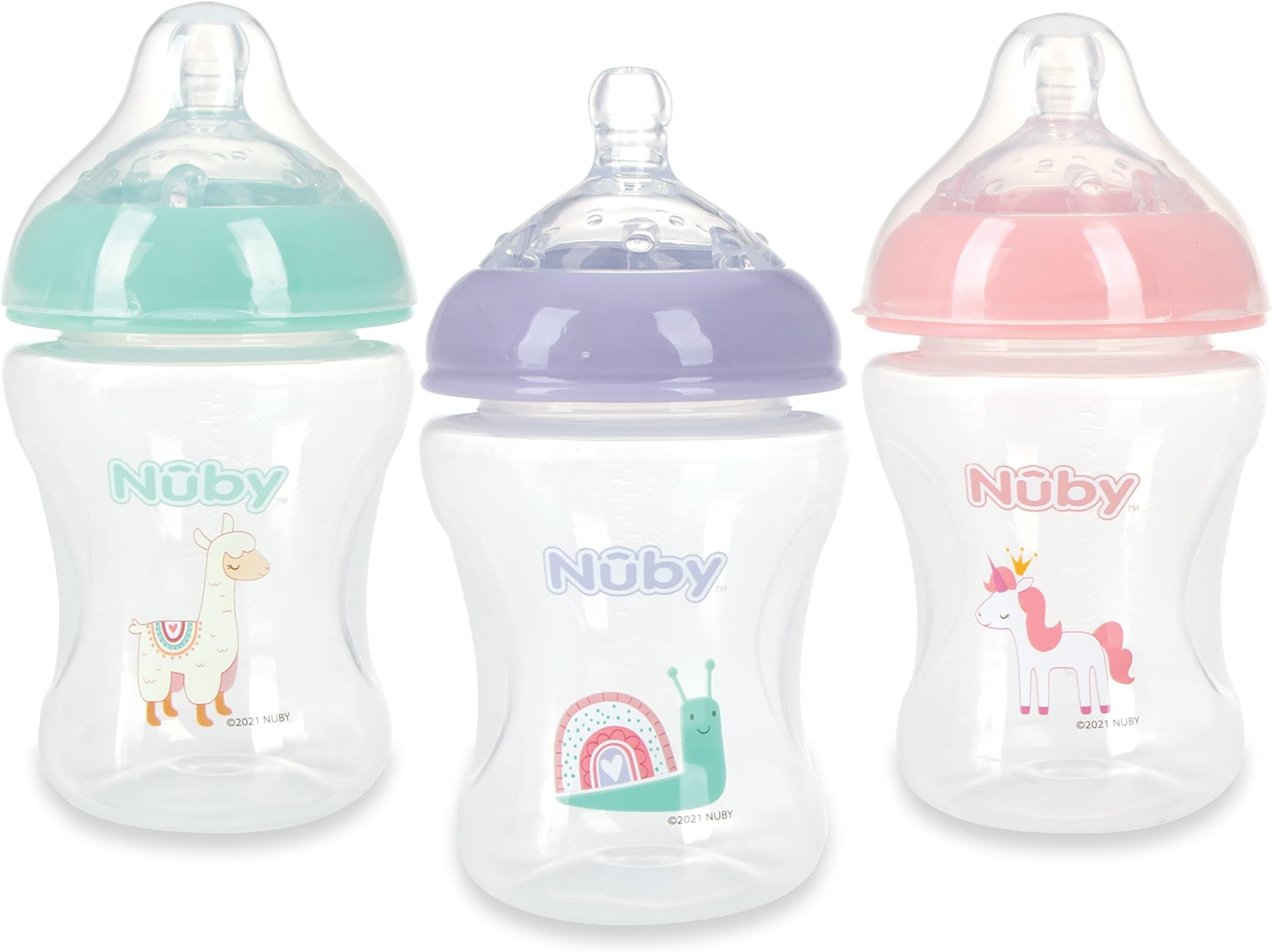 3-Pack Infant Feeding Bottles with Slow Flow Breast Size Silicone : 0+ Months, 8oz, 3 Pack Set: Delicate Llama, Snail, Unicorn Prints