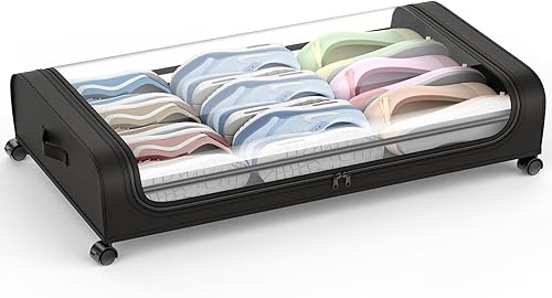 Cajón de almacenamiento debajo de la cama con ruedas y tapa, organizador grande de almacenamiento de zapatos debajo de la cama de 48 litros,