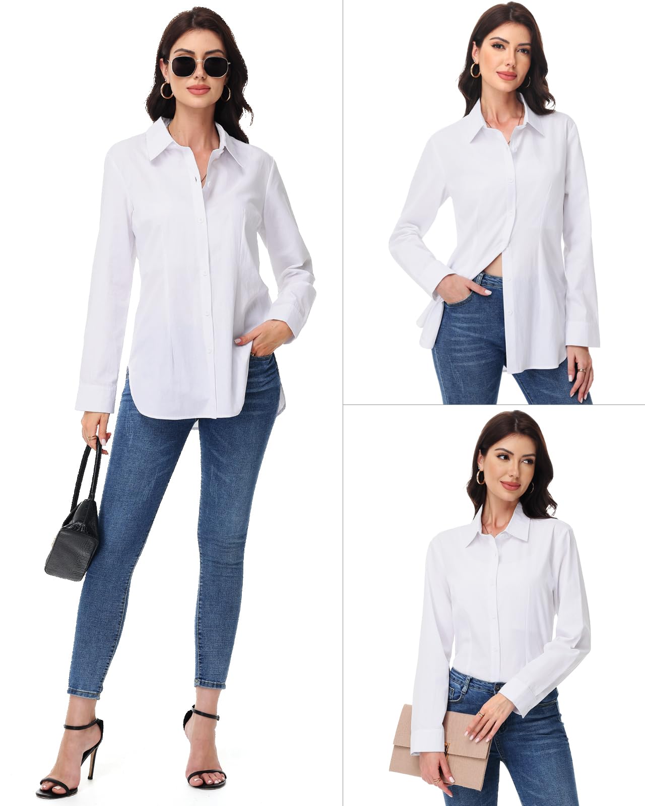 Tanmolo Damen Bluse Sommer Hemdbluse Baumwolle Hemd mit Abnähern Reverskragen Business Blusen mit Knopfleiste Elegante V-Ausschnitt Blusenshirt Tops