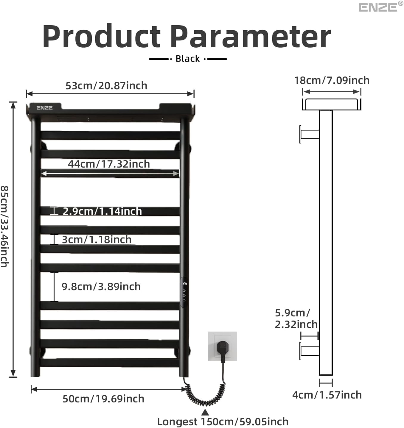 ENZE Smart Heated Towel Rack, 11-Bar Wall-Mounted Electric Towel Warmer with Shelf, Wi-Fi App Control, Adjustable Temperature & 24H Timer, Low Carbon Steel, IPX5, Plug-in/Hardwired, Matte Black