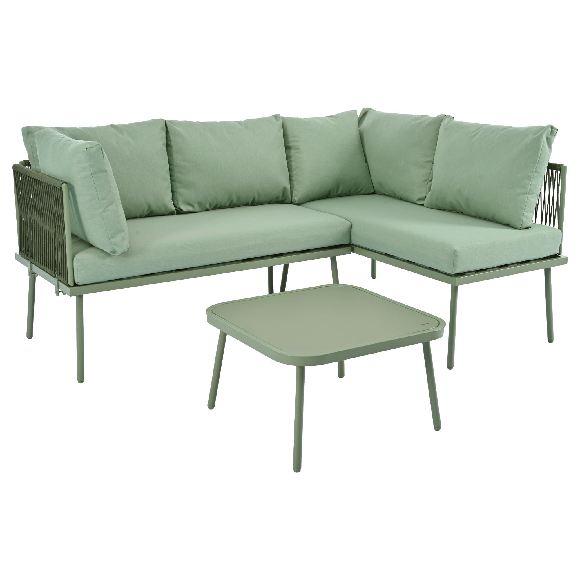Zepneiy Set di mobili da giardino lounge per esterni, set di mobili da giardino a forma di L, con 2 divani e 1 tavolo, mobili da balcone, divano da giardino in ferro e corda verde, con cuscino di