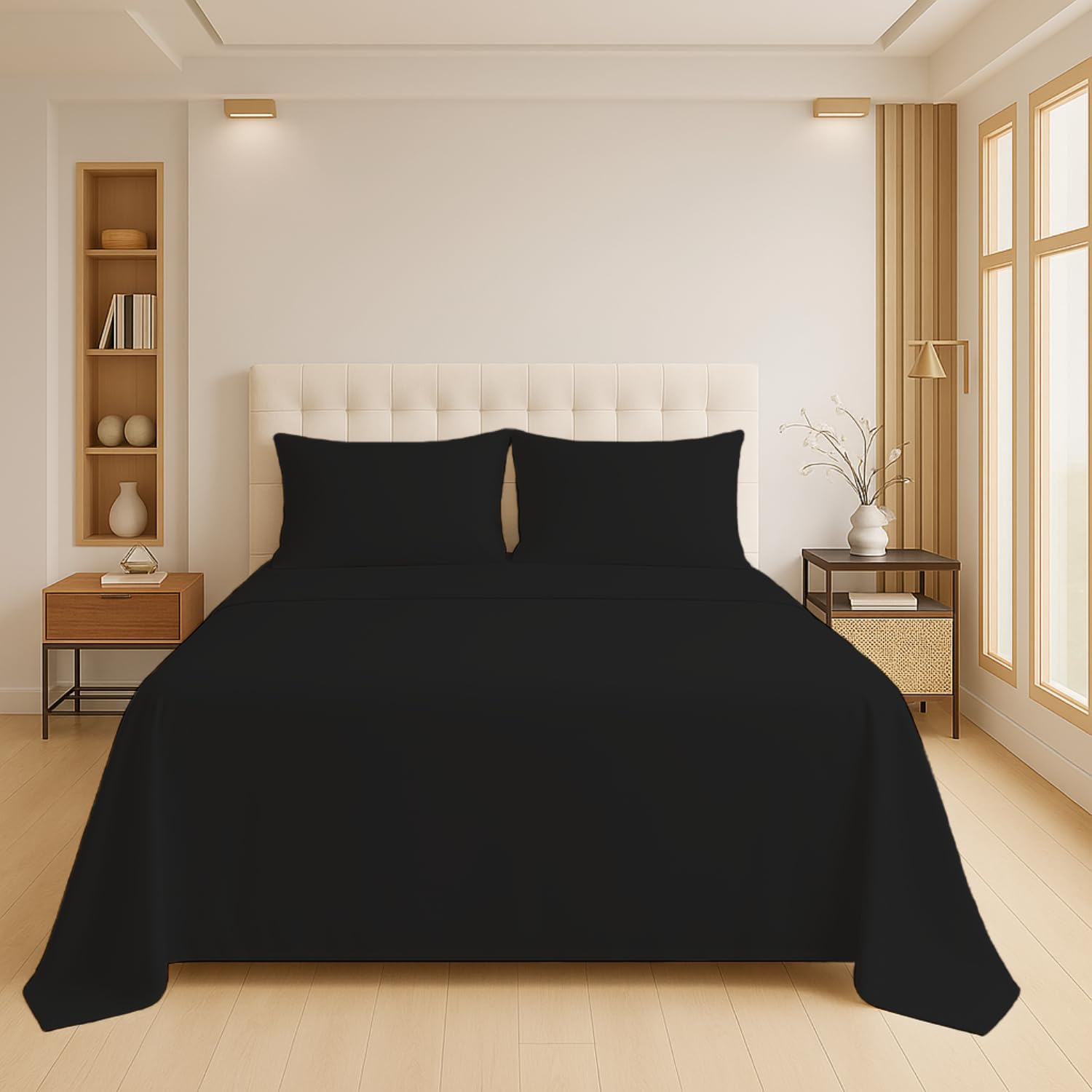 Luxury Flat Sheet Polycotton Plain Dyed Easy-care Non-Iron Bedsheets Parcale Wrinkle-resistant polycotton fabric (50% cotton 50% polyester) (Black, Double) โ image 1