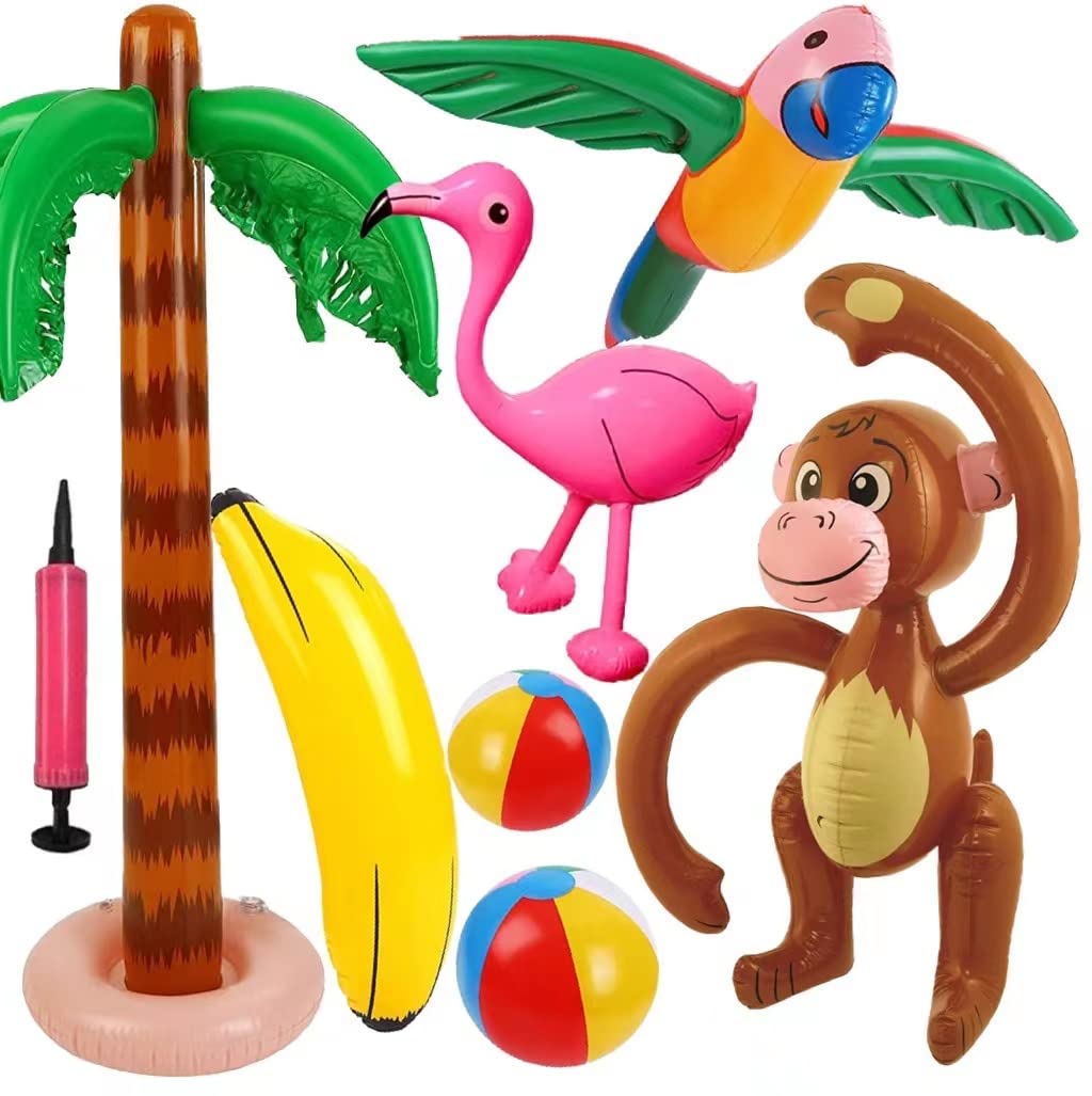 Inflatable Palm Tree & Flamingo Party Decorations Set - Hawaiian Luau Beach inflatable pool toys,Dolphin, Banana, Beach Balls - Hawaiian party decorations