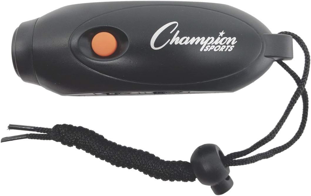 Champion Sports Electronic Hand Whistle, Three Tone-for Sports Coach, Referee, PE Teacher, Lifeguard, & Personal Use -Push Button, Handheld, Indoor and Outdoor, Adjustable Volume and Wrist Strap Black