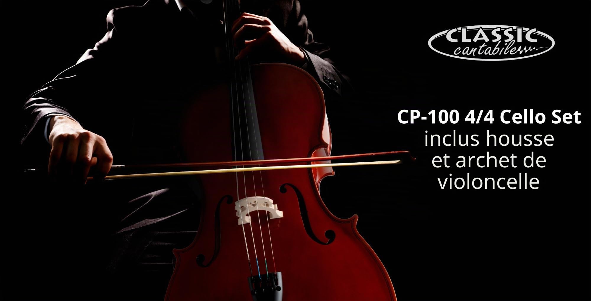 Classic Cantabile CP-100 4/4 Ensemble Violoncelle Nature, Table: Épicéa | Fond, éclisses, manche, touche, chevilles et chevalet: Érable, Cordier en carbone, Quatre mécaniques fines, Laqué brillant