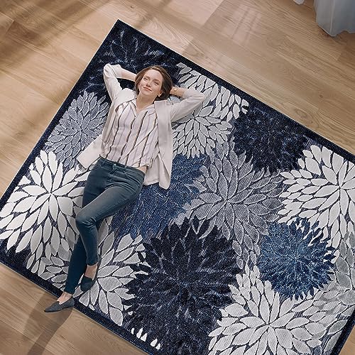 Camilson Indoor/Outdoor Rug, Navy Blue 9’X12’ Floral Exotic Tropical Area Rugs For Indoor And Outdoor Patios, Easy-Cleaning Non-Shedding Living Room, Garden And Kitchen Washable Outside Carpet (9X12) #TOP7