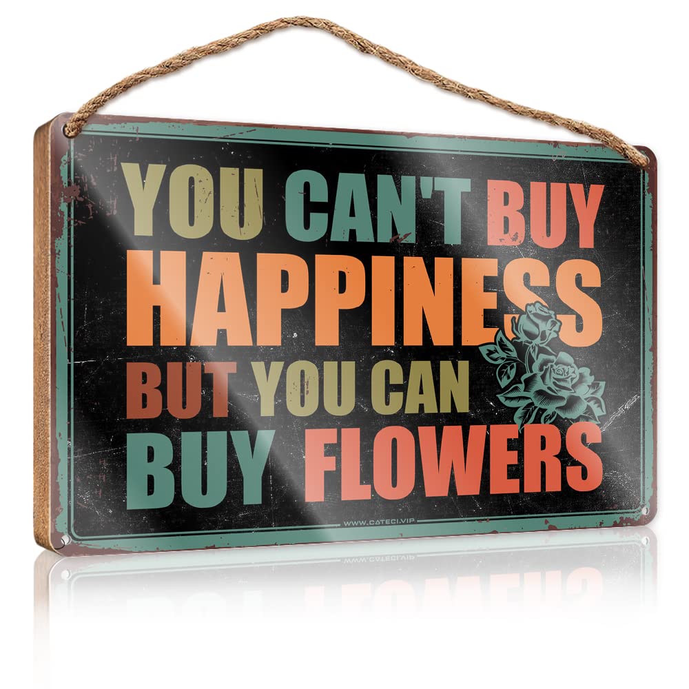 FZFN Decor Signs You Can'T Buy Happiness But You Can Buy Flowers Wooden Sign Wood Plaque Sign Front Decorative Wooden Sign(15X28CM)