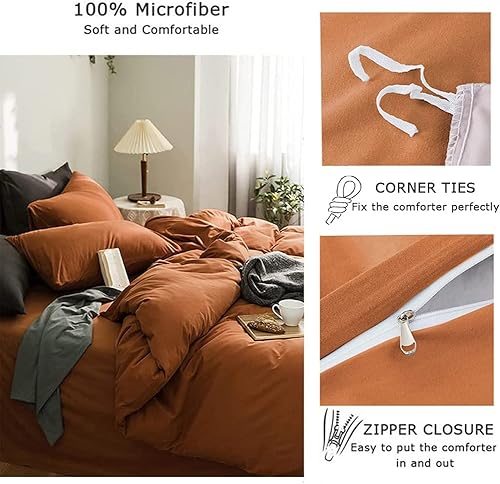 Miniatura 6 de CoutureBridal Juego de funda de edredón de tamaño California King, color naranja quemado, juego de ropa de cama con lazos de cremallera, 3 piezas,