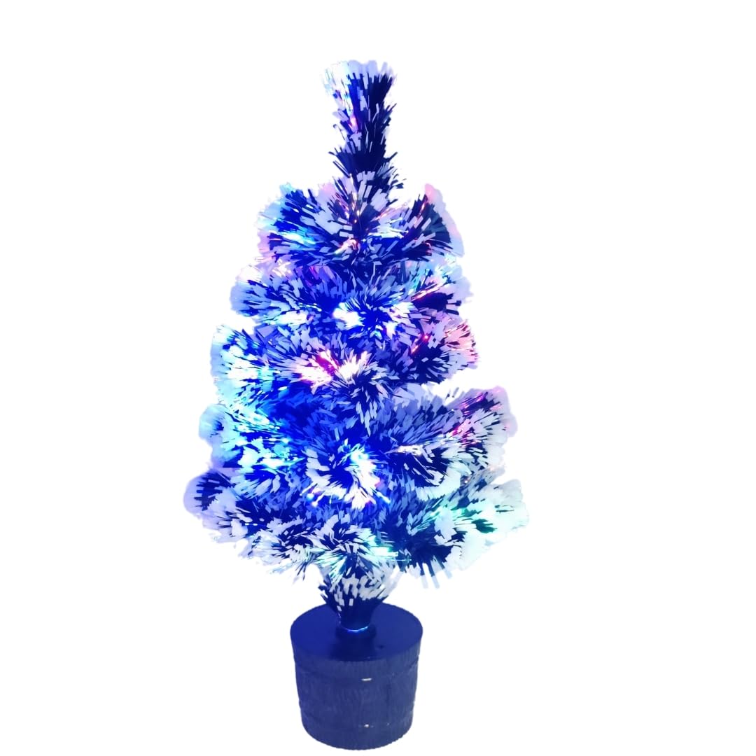 PLUSPOINT Christmas Tree with Lights Pre-lit Green and White 41cm Fiber Optic,Colorful LED and Fiber Optic Tabletop Christmas Tree Desktop Table Artificial Christmas Tree for Christmas Decoration
