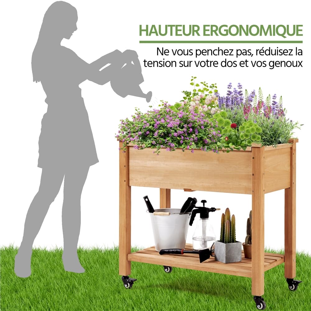 Yaheetech Carré Potager Surélevé Lit de Jardin sur Pieds avec Etagère Inférieure de Rangement en Bois pour Terrasse/Balcon/Jardin 87 x 83.5 x 47 cm