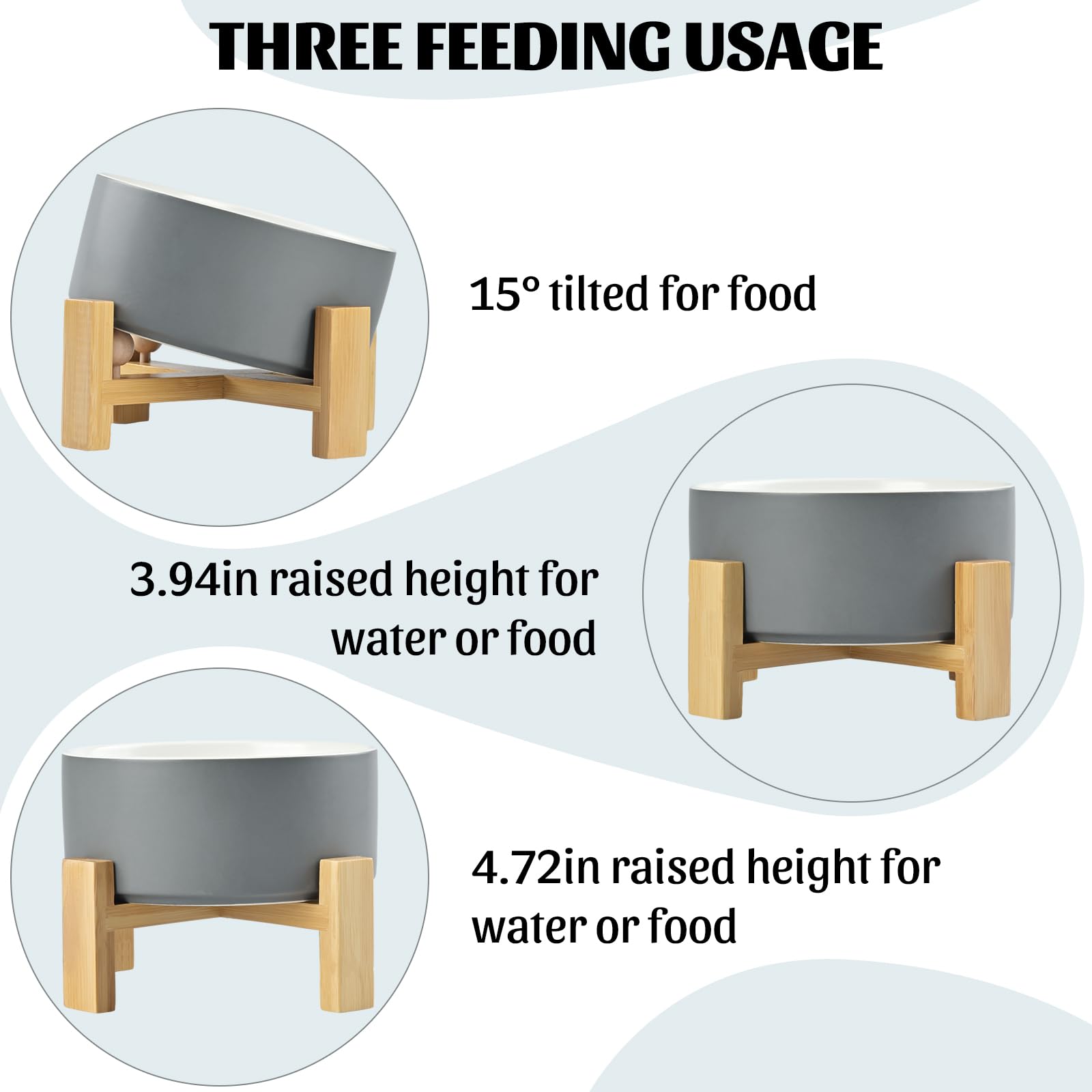 SPUNKYJUNKY 15Â° Slanted Ceramic Dog and Cat Bowl with Wooden Stand, Tilted Bulldog Food and Water Bowl No Slip Non-Spill for Cats Medium Dogs Big Face Pets 28.7 OZ (3.6 Cups, White-Grey)