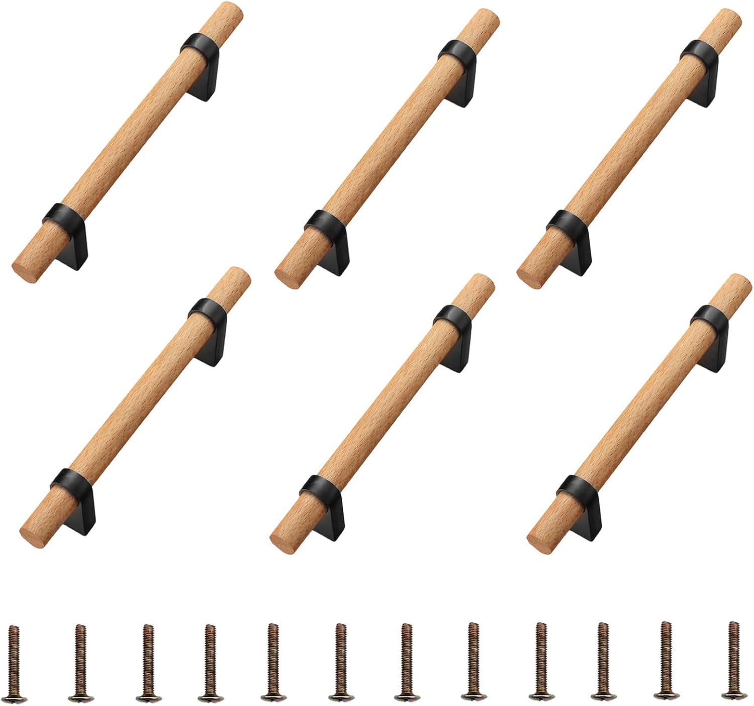 T Shape Drawer Pulls, Wooden Cabinet Pulls, 3.78" Hole Center, Modern Furniture Handles Hardware, Drawer Cabinet Wardrobe Pulls with Black Base, Pack of 6 with Mounting Screws 6 Pieces