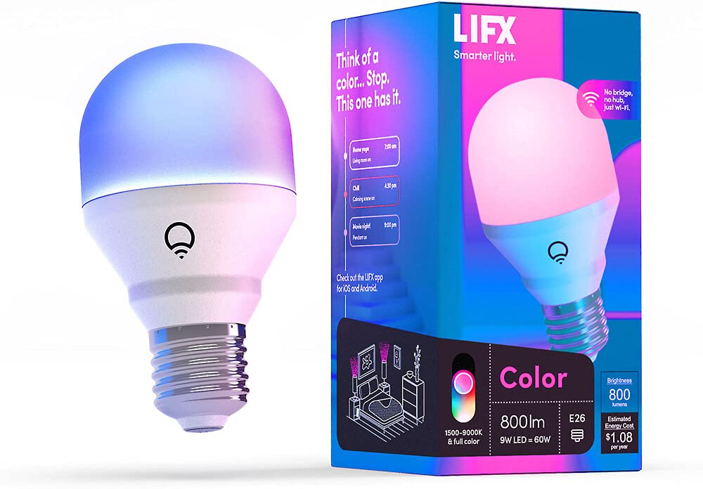 LIFX Color A19 800 lumens, Billions of Colors and Whites, Wi-Fi Smart LED Light Bulb, No Bridge Required, Works with Alexa, Hey Google, HomeKit and Siri.