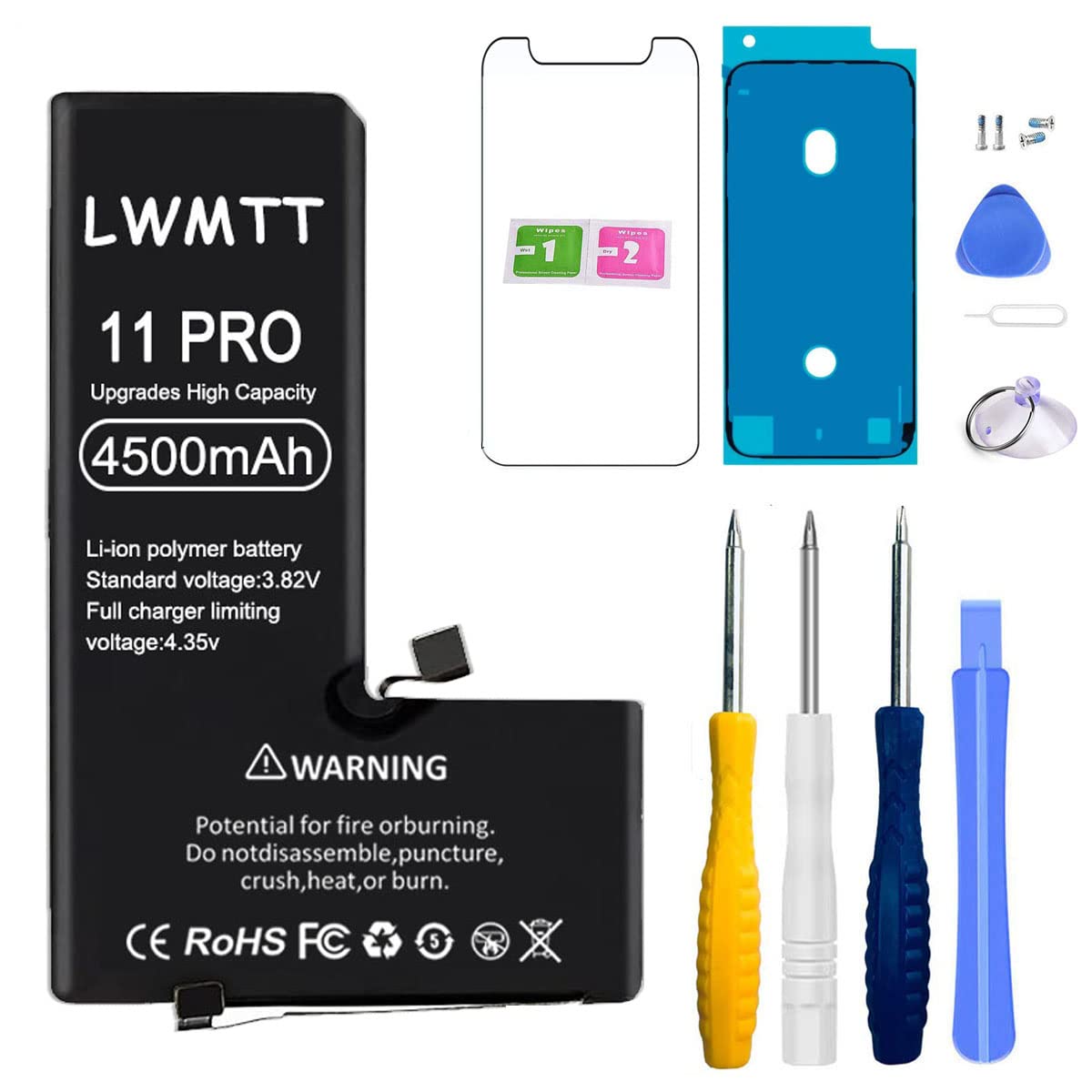 LWMTT High Capacity Battery Compatible with iPhone 11 Pro 4500 mAh A2160, A2217, A2215 Battery with Tool Set and Repair Kit, Tempered Glass Panel