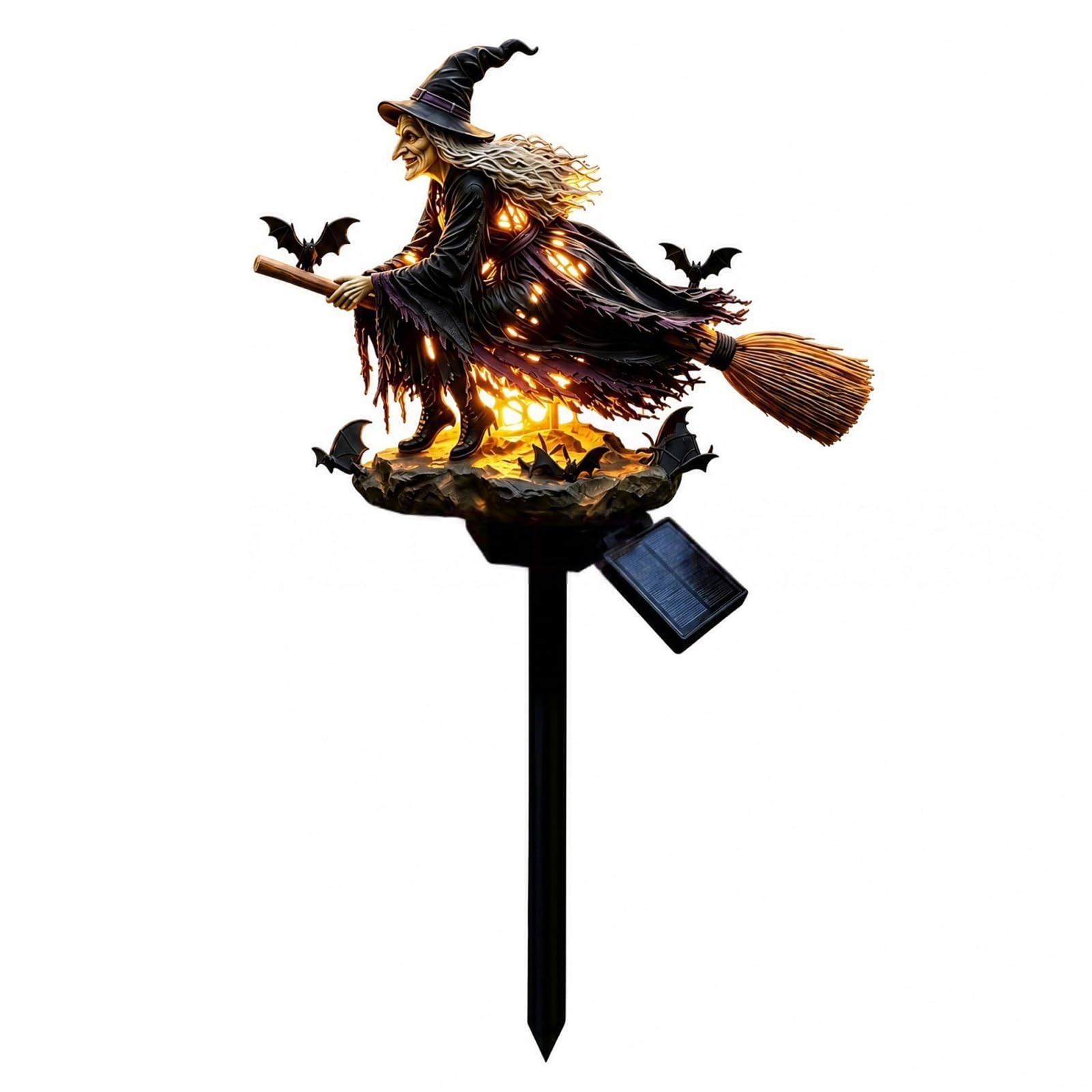 Halloween Witch Broom Solar Ground Stake Light Resin Outdoor Decor (Yellow)