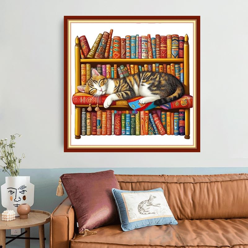 Image of Foxhool Beginners Cross Stitch Kits Stamped Full Range of Embroidery Kits for Adults DIY Cross Stitches kit Embroidery Patterns for Needlepoint kit-Lazy cat Sleeping on the Bookshelf 18x18 inch