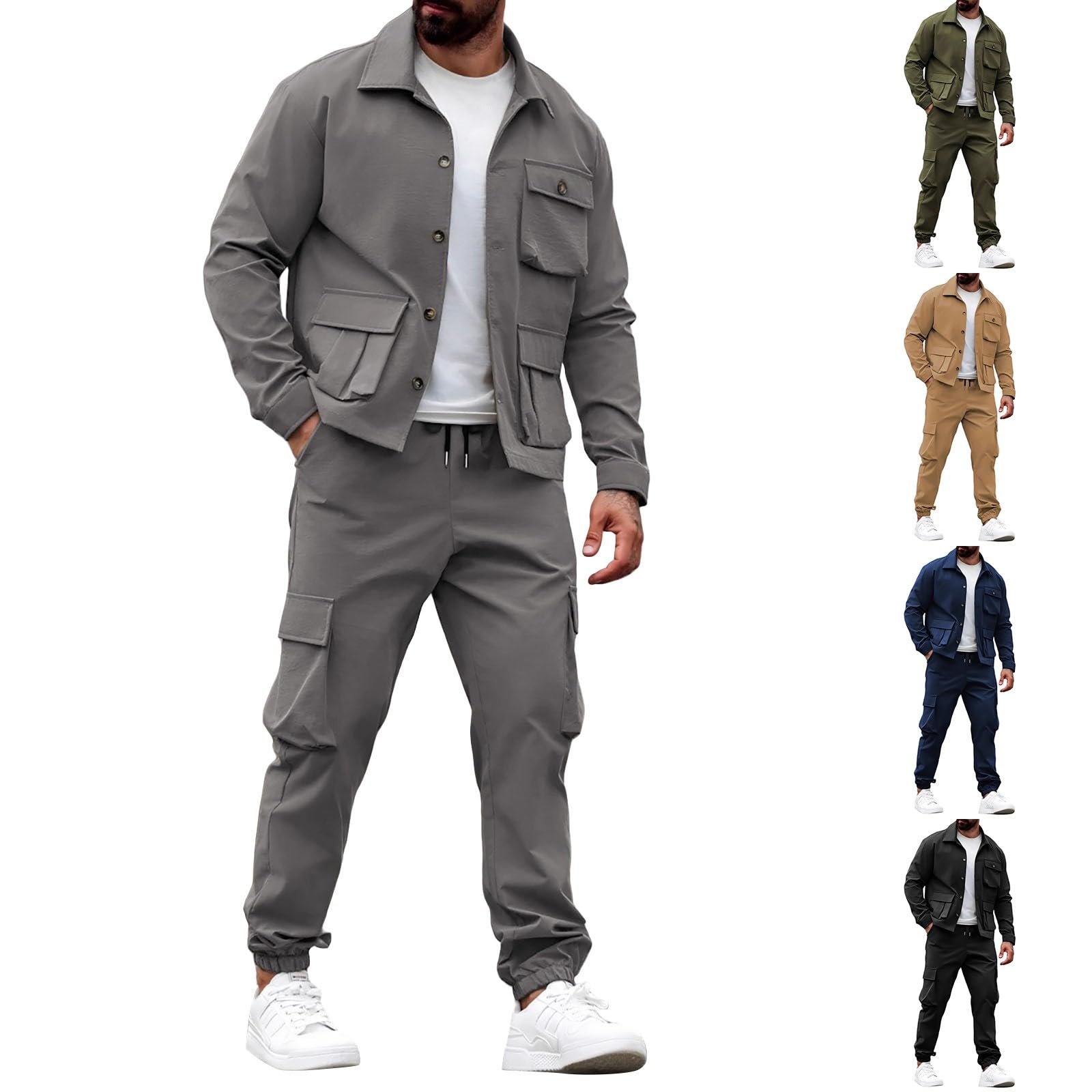 Conjunto completo de chándal para hombre, 2 piezas, chaqueta tipo | Conjuntos de entrenamiento elásticos, pantalones de escalada y camisetas de entrenamiento, con múltiples bolsillos