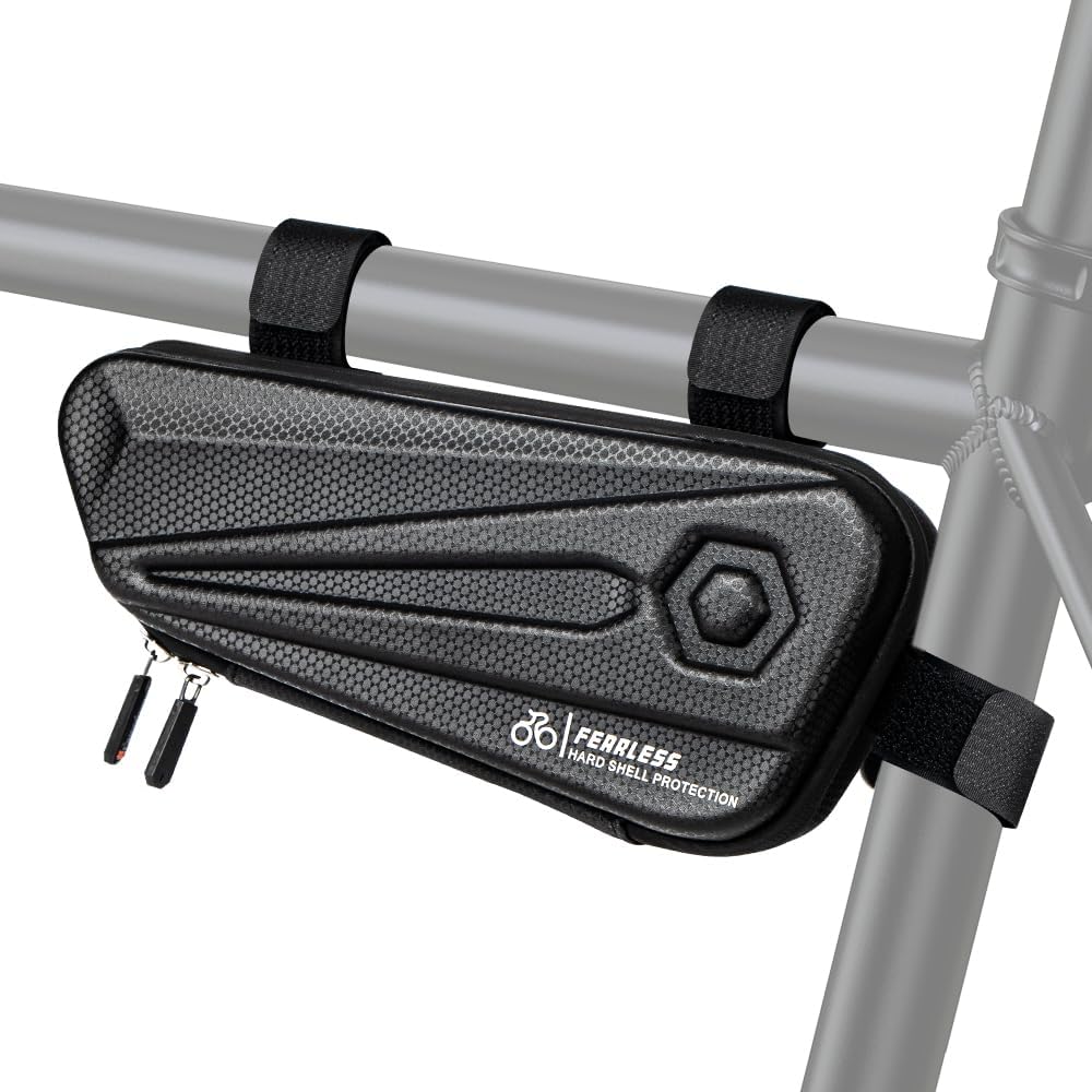 Bike Frame Bag 1.5L, EVA Hard Shell Bicycle Triangle Bag with Carbon Texture, Top Tube Cycling Storage Pouch with Reflective Logo and Side Zipper for MTB Road Bike