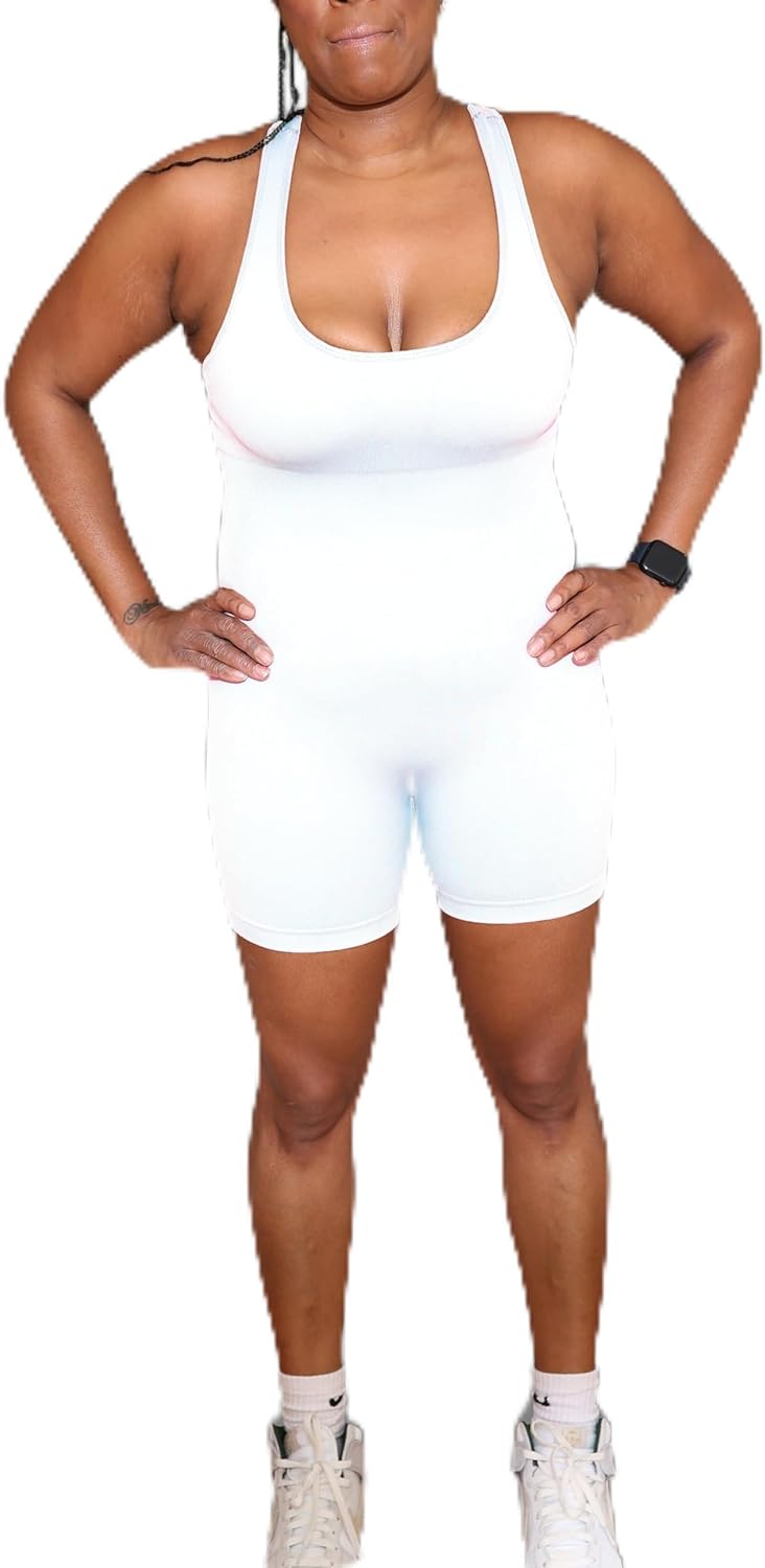 Wallace Athletics Short Athletic Bodysuit, Leotard Shorts - Workout Jumpsuits for Women Backless Tummy Control Seamless Tank Top Jumpsuit – (Cream) Small