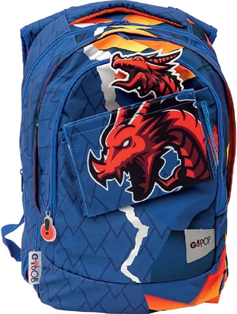 Gopop Schoolpack Zaino Scuola Dragone 40x30x18 cm + Astuccio 3 Zip Completo con Colori + Omaggio Mini Torcia