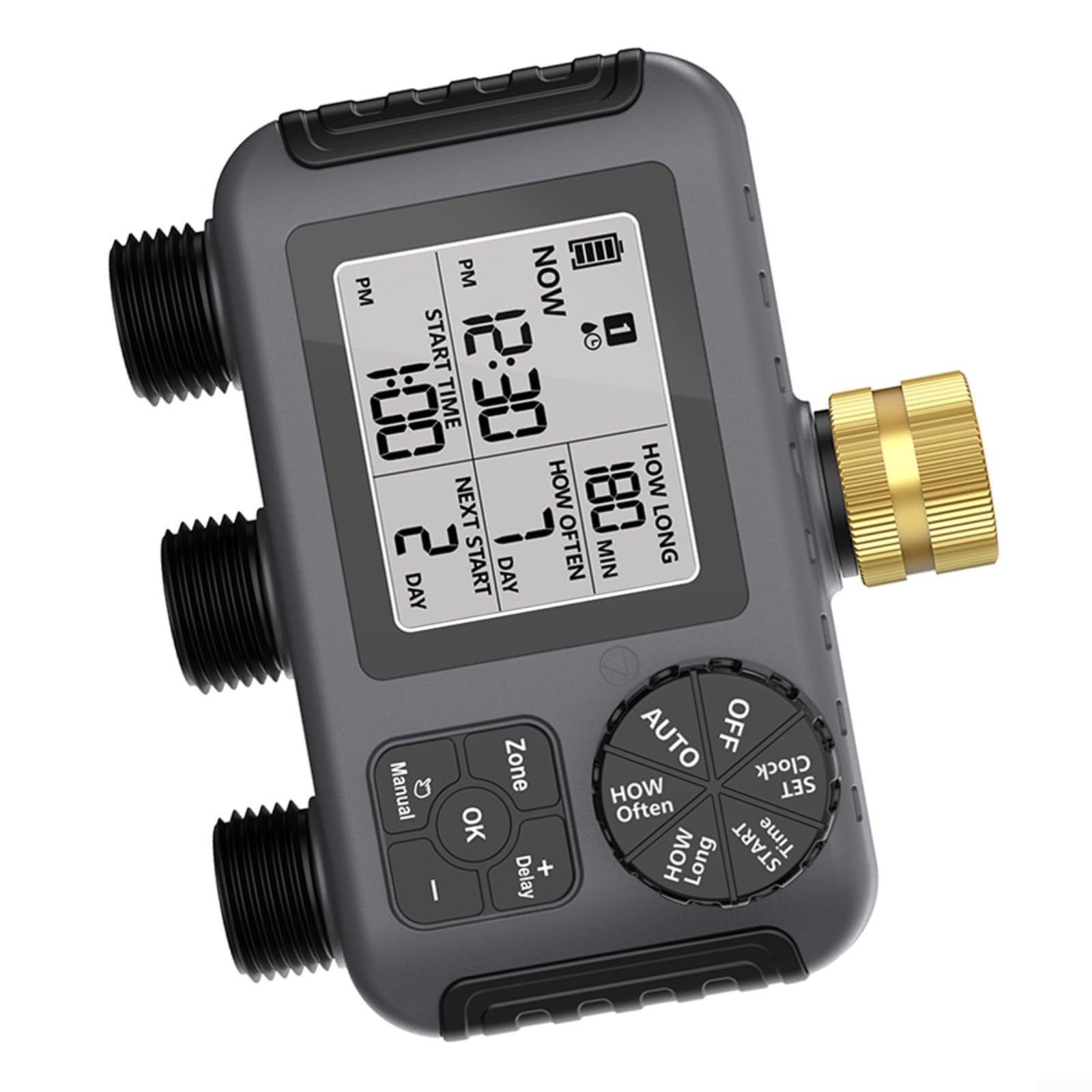 Timer automatico per irrigazione da giardino, regolatore di irrigazione a tre valvole, classificato IPX5, con blocco per bambini, per esterni, cortile, verde, nero