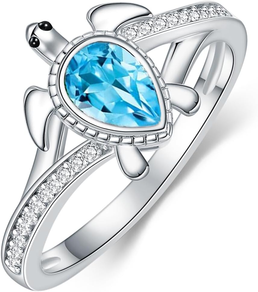 Sea Turtle Ring for Women 925 Sterling Silver Pear Shaped Birthstone Ocean Statement Ring for Ladies
