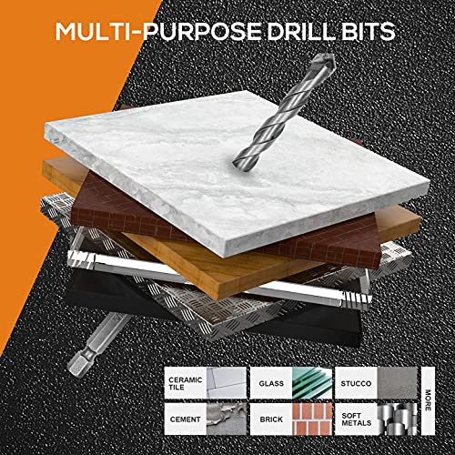 AugTouf Hex Shank Masonry Drill Bit Set 6 Pcs (5/32''-3/8''), Multi-Function Concrete Drill Bit Set with Carbide Tip for Tile, Glass, Stucco, Cement, Brick and More!