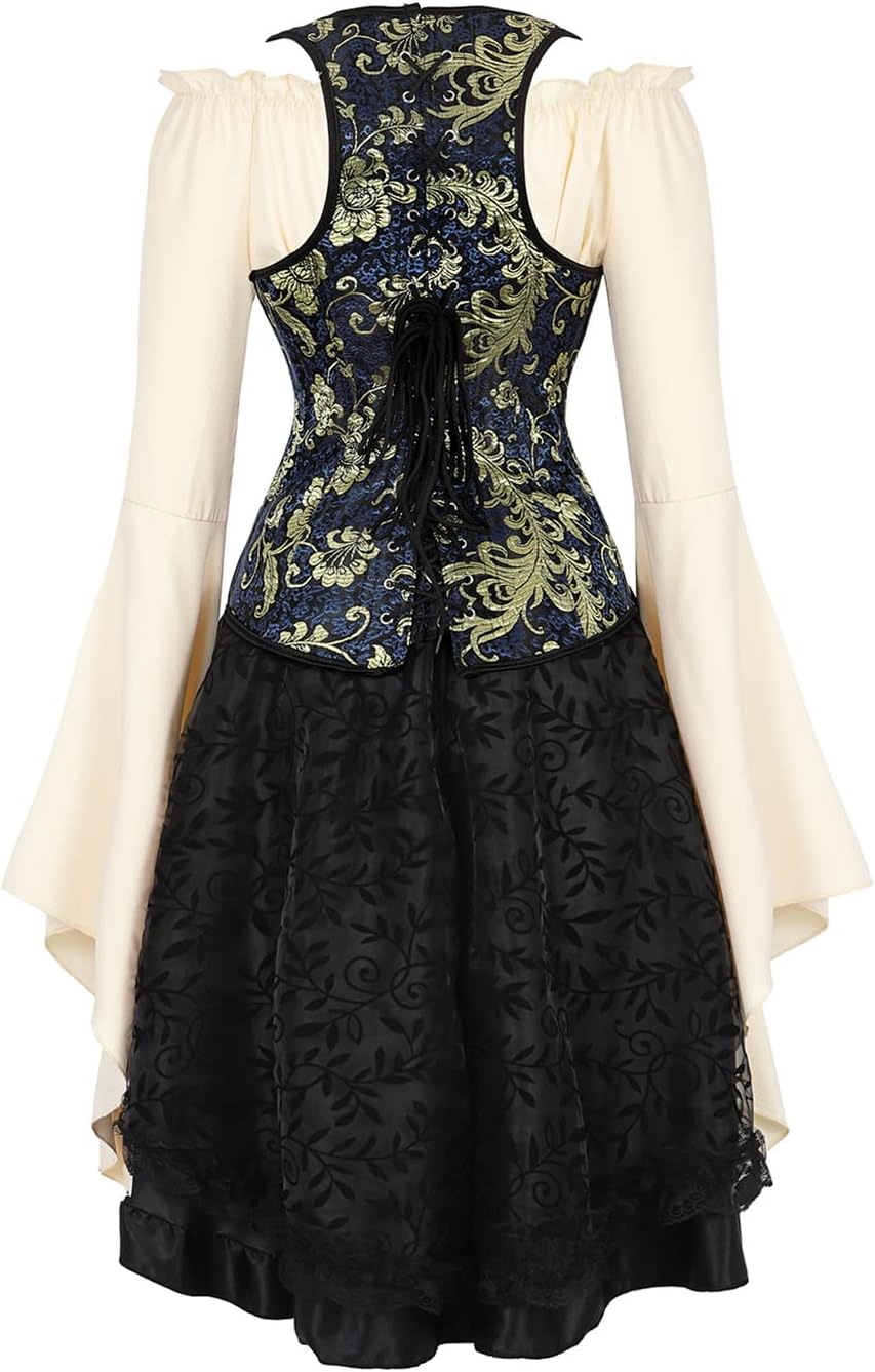 Steampunk Strap Boned Underbust Corset with Skirt and Pirate Blouse Women Carnival Costumes