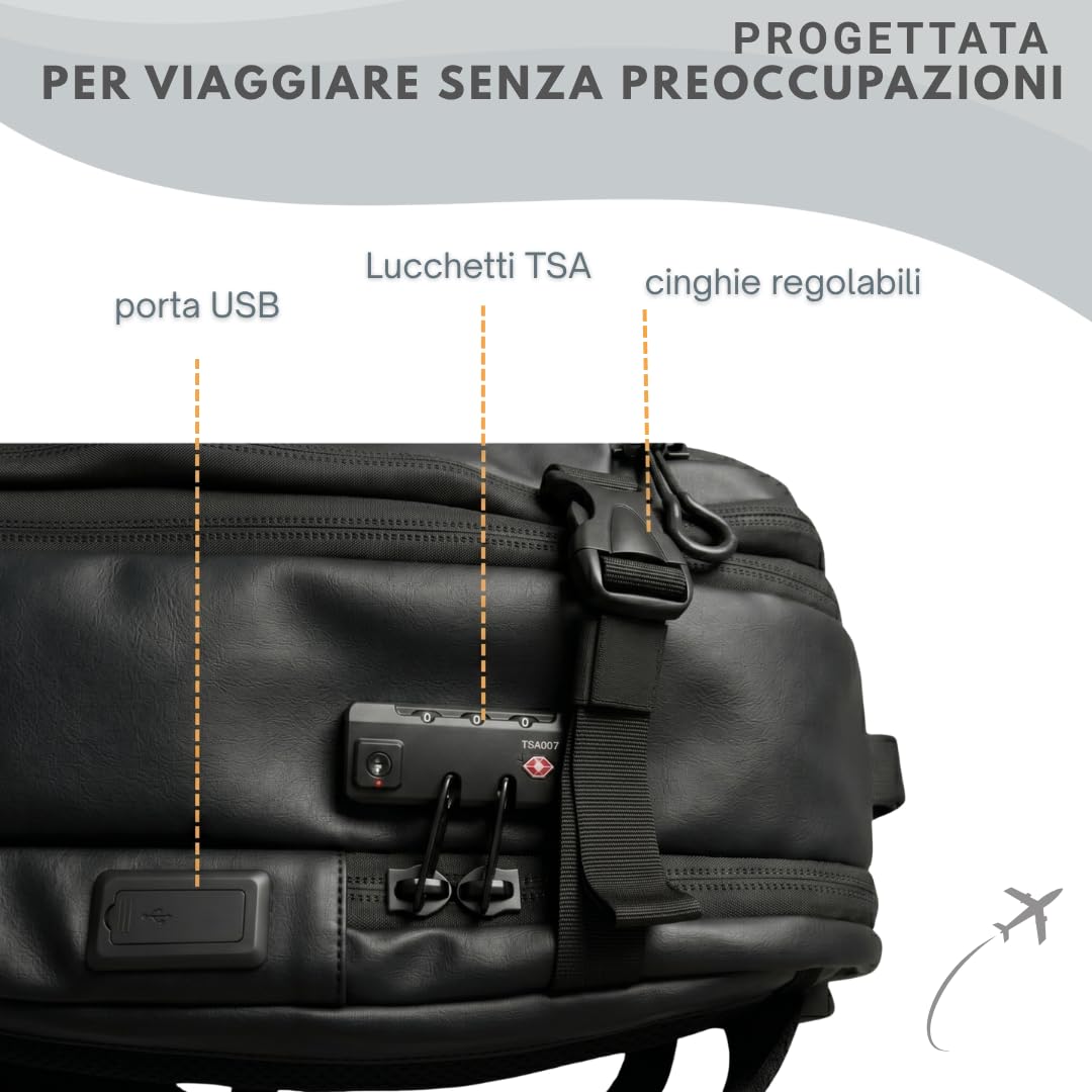 Zaino Ryanair 49x20x32 Sottovuoto Con Pompa – Zaino Da Viaggio Bagaglio A Mano Per Aereo, Zaino Viaggio Cabina Con Apertura A Valigia, Porta USB E Lucchetto TSA (Nero)