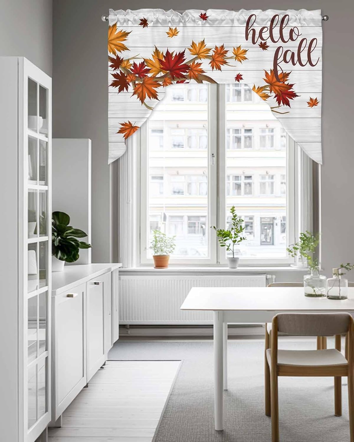 Chic D Swag Valance Curtains for Kitchen, Fall Autumn Maple Leaves Short Curtain Rod Pocket Window Curtain, Wood Country Barn Thermal Insulated Washable Farmhouse Swag Kitchen Curtains 56"x36"