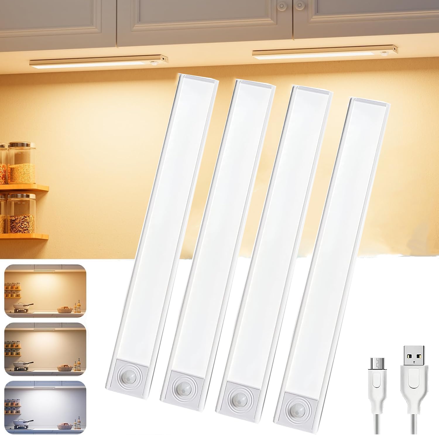 Ansilhus Under Cabinet Kitchen Lights LED - 30CM Cupboard Light con Motion Sensor USB-C Rechargeable Wireless LED Warm Light