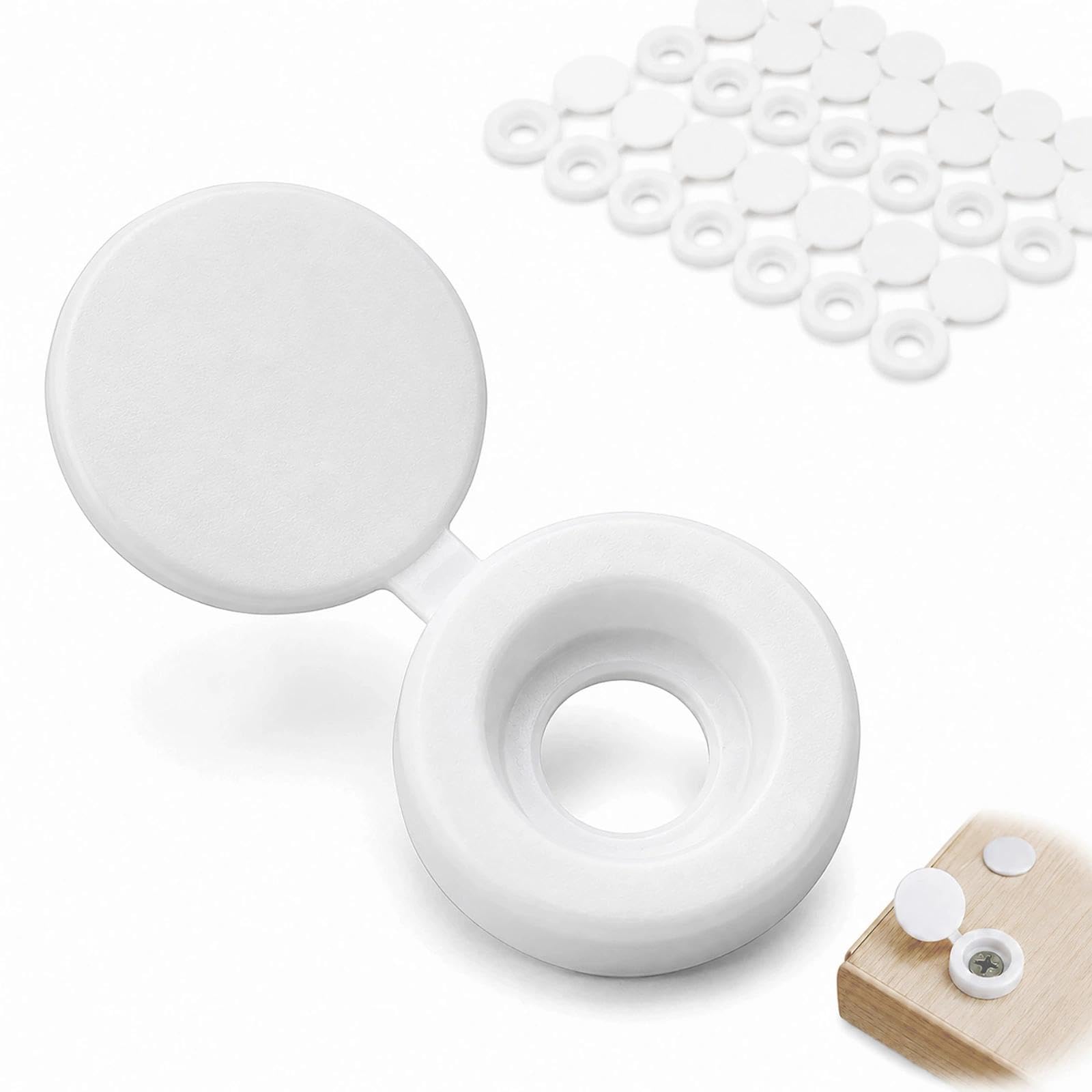 150 Pack Hinged Screw Cover Caps – White Decorative Screw Cap for Cabinet, Furniture, Shelves & Wooden Panels – Snap-On Screw Concealer Covers