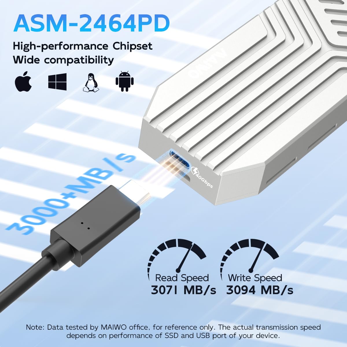 MAIWO Alloggiamento SSD M.2 NVMe con ventola di raffreddamento USB4 40Gbps con UASP Trim, capacità 8 TB, senza attrezzi, compatibile con Thunderbolt3/4 USB3.0/2.0