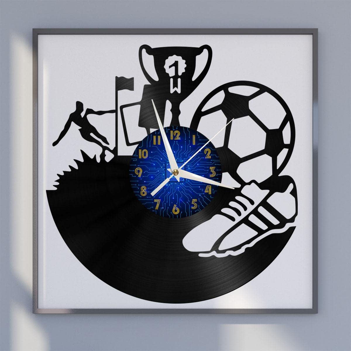 Horloge Murale en Vinyle Noir Football 30cm Décoration Murale Salon Chambre