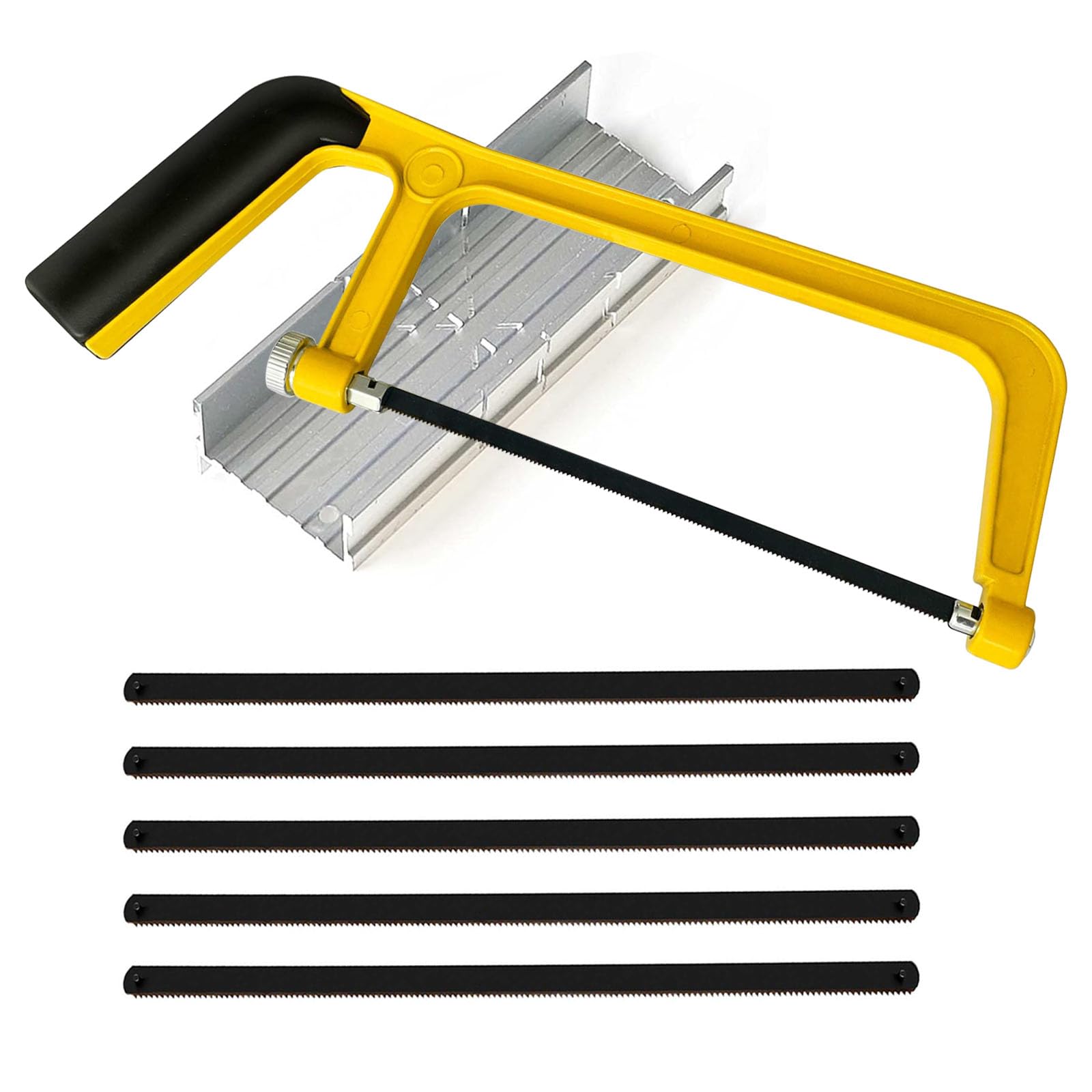 Sierra para metales pequeña de 6 pulgadas con caja de ingletes y 5 hojas de sierra de acero al manganeso, juego de sierra para metales de 150 mm, sierra de mano ajustable para bricolaje, construcción